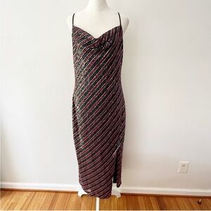 Vintage Women Y2K Sequin Stripe Drape Midi Dress Sz 8 Glam Whimsy Evening Baddie
